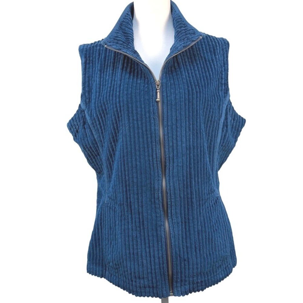 Woolrich Ribbed Zip Front Vest Blue‎ Textured Corded Fleece Women M